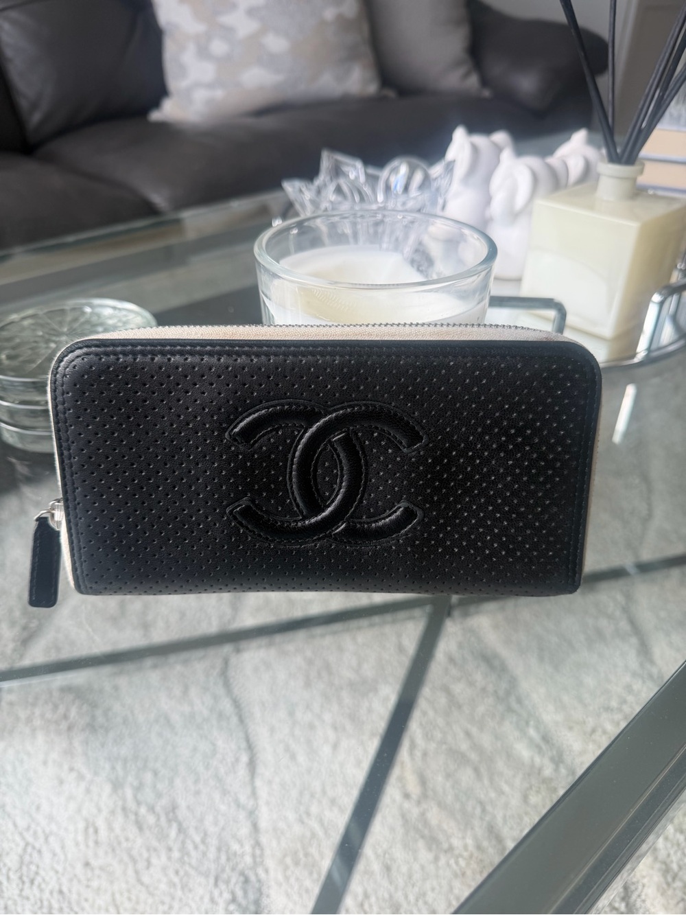 Chanel Black Quilted Zip Wallet - Perforated CC Logo